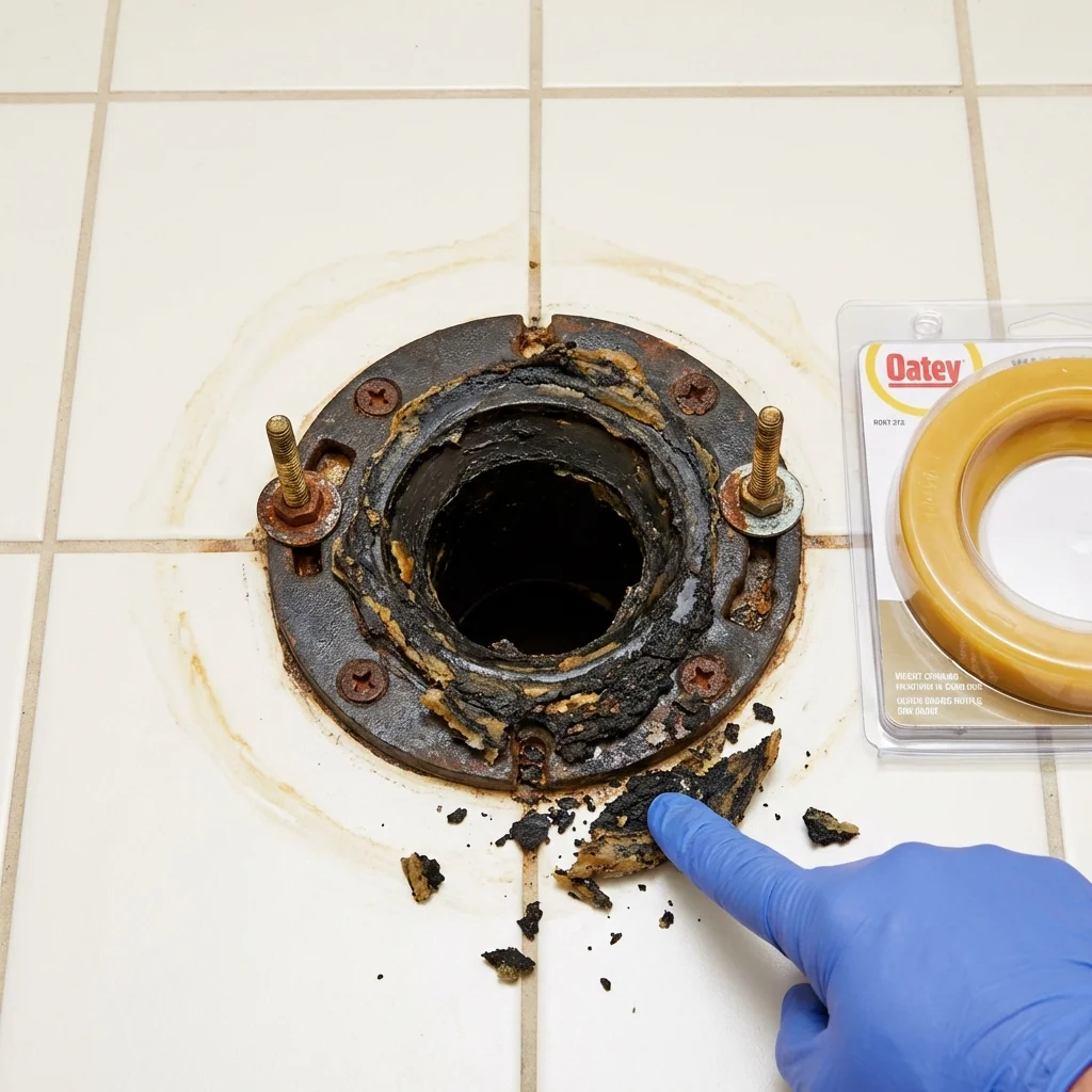 Failed wax ring showing water seepage at the base of a toilet in a Portsmouth, NH home