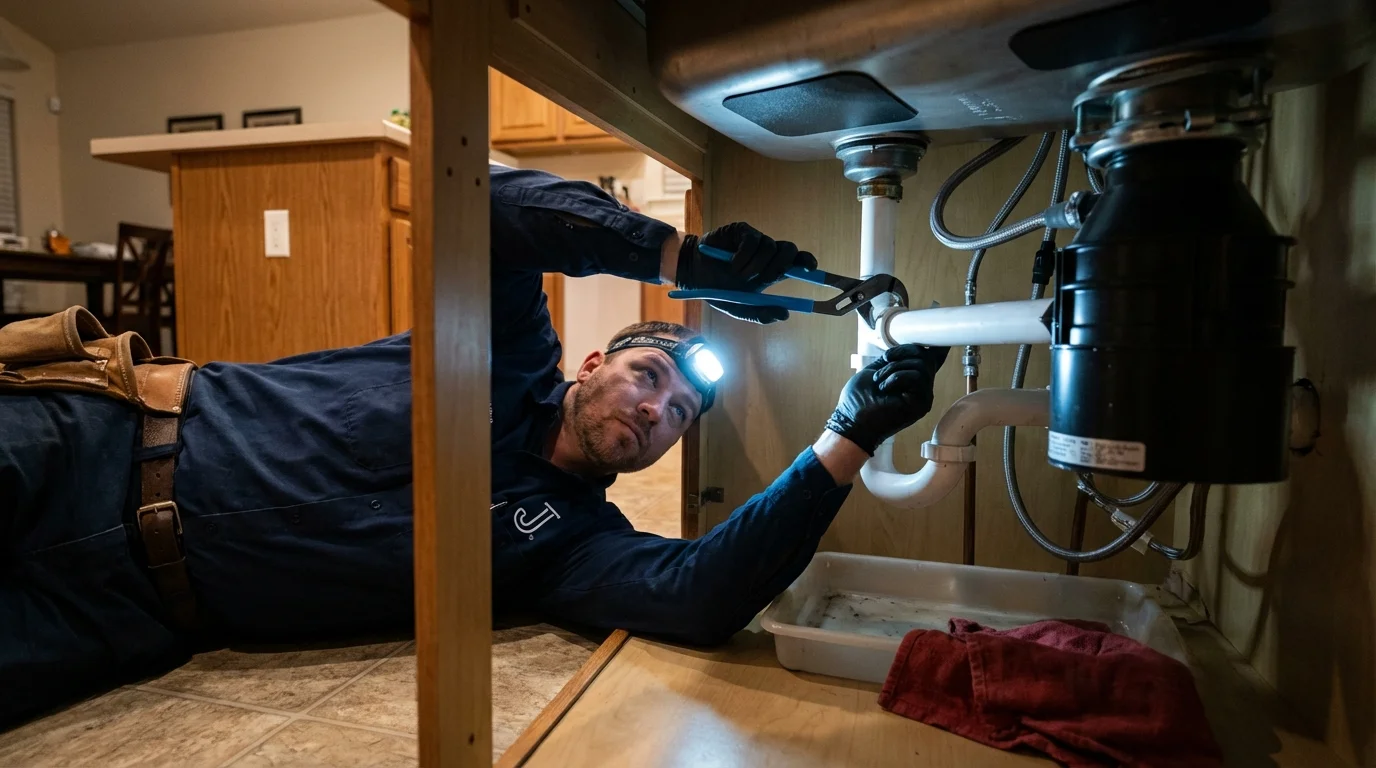 P-trap and supply line connections under a kitchen sink showing a common leak point in Portsmouth, NH